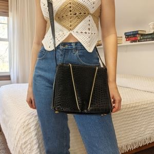 Vintage Black Faux Alligator Square Satchel/Messenger Crossbody Bag